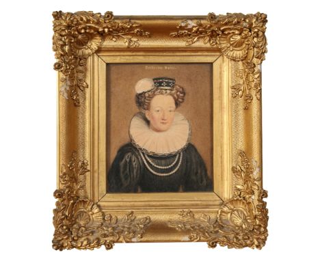 An antique gilt framed small watercolour portrait of Catherine Parr. Inscribed in Old English gilt lettering Catherine Parre,