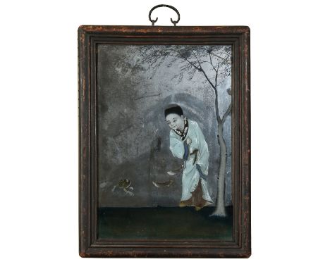 A 19th century Chinese framed reverse mirror painting. Portrait of a young boy with a toad under the shade of a birch tree, 4