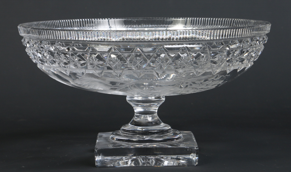 A cut lead crystal pedestal fruit bowl. Etched to the underside with ...