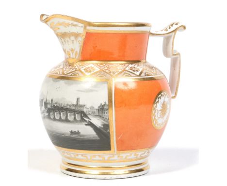 A Worcester Grainger and Co. Jug. Orange ground, having fine gilt bands depicting lozenges, key fret borders roundels and tra