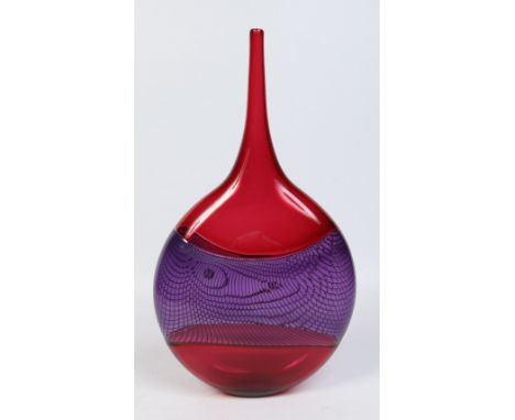 A large studio glass ruby and amethyst flask vase by Bob Crooks. With ribbed band to the centre and of flattened form. Signed