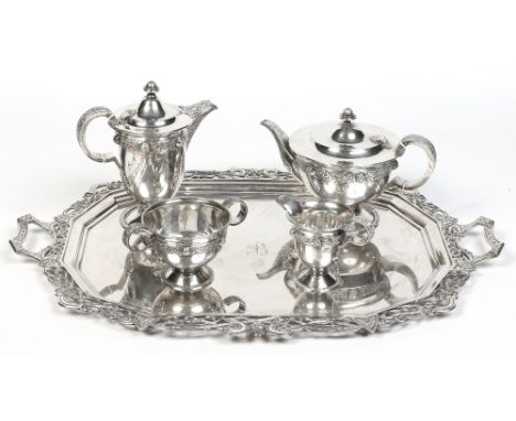 A fine George V silver four part tea service by Hamilton & Inches on associated butlers tray by Atkin Brothers. In closely ma