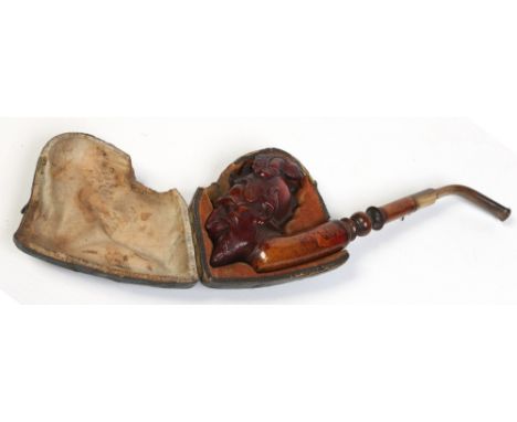 A 19th century meerschaum pipe in fitted leather case. With horn stem and carved in the form of a Turkish soldier wearing a h