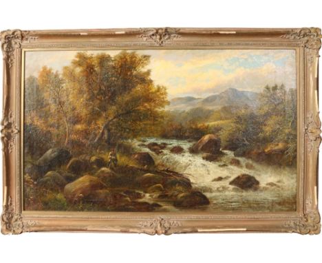 George B. Yarnold (fl 1874-1876) large gilt framed oil on canvas, extensive river landscape with a fisherman, signed and date