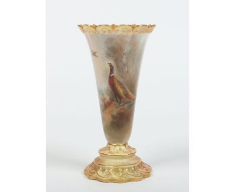 A Royal Worcester trumpet shaped vase with scallop moulded rim by James Stinton. With moorland vignettes, the front scene dec