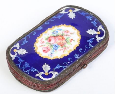 A 19th century Continental brass purse with guilloché enamelled scales decorated with a panel of flowers and stylized scrollw