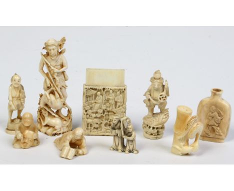Nine Oriental ivory carvings. Including netsuke, a snuff bottle and a miniature Cantonese card case. Largest piece 9.5cm. 