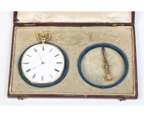 An nineteenth century Swiss 18 carat gold open face slim pocket watch quarter striking on two coiled gongs, with button repea