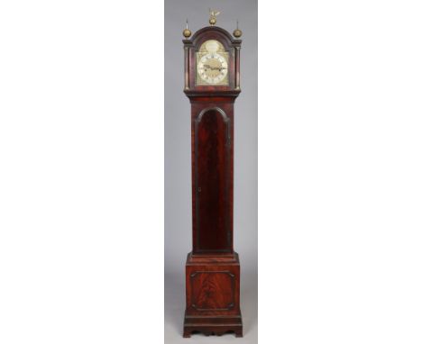 A 19th century mahogany grandmother clock by John Paine, Brentford. With brass arch top dial ornamented with spandrels, silve