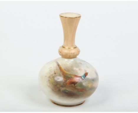 A Royal Worcester bud vase by James Stinton. With blush ground tapering neck and enamelled with a moorland vignette and strut