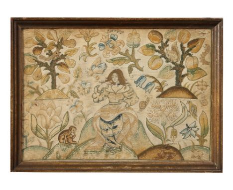 A 17th century domestic needlework embroidery picture. Portrait of a woman in a landscape with fruit, flowers and animals, 23
