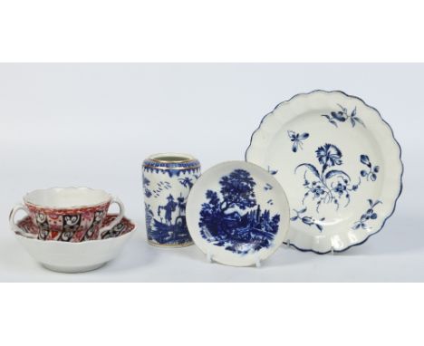 A collection of 18th century Worcester porcelain. Including a Queen Charlotte pattern chocolate cup and saucer, gillyflower p