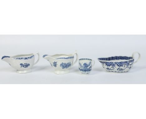 A Lowestoft strap moulded sauceboat, two Worcester sauceboats and a Worcester coffee cup. All painted in underglaze blue c177