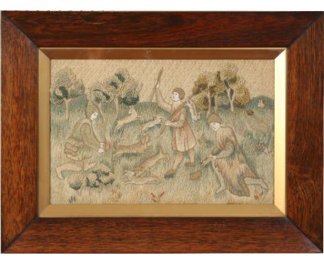 Two Victorian woolwork pictures in rosewood frames and depicting hunting scenes, 25cm x 40cm.  Condition Report. To be used a