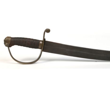 A 19th century police short sword in brass mounted leather scabbard. With curved fullered blade, brass stirrup hilt with safe