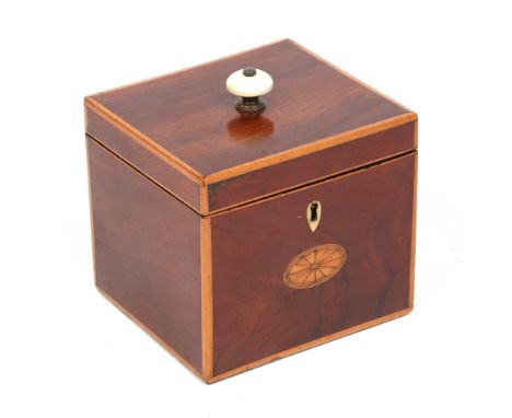 A Georgian mahogany tea caddy with ivory knop and escutcheon, banded in boxwood and with marquetry panel, 12cm.  Condition Re