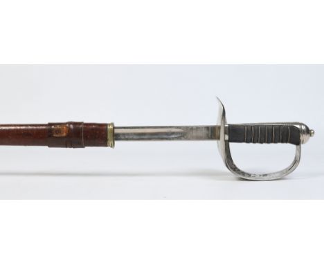 A George V officers sword in leather mounted scabbard by J. F. Gaunt & Son, London. With silvered basket hilt and shagreen gr