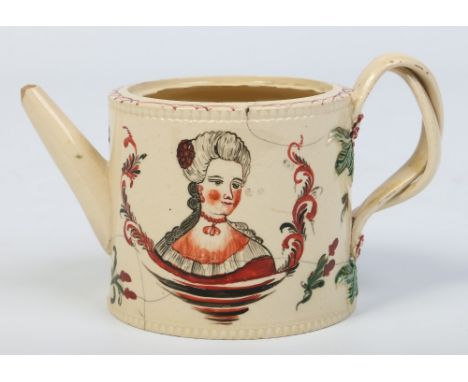 An 18th century creamware teapot with entwined strap handle and decorated in coloured enamels with the portrait of a lady, a 