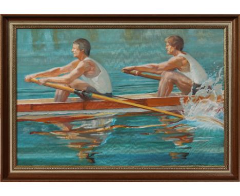 Marc Winer (20th century British). Framed oil on canvas, boat racing scene titled Engine Room No. 2. Label verso for Thackera
