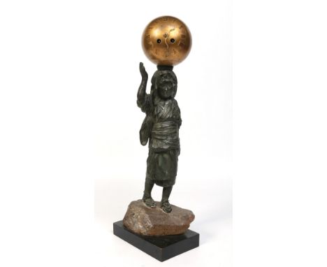 A Japanese Meiji period bronze figure of a young girl raised on a rock crystal base. Supporting a gilt bronze spherical clock