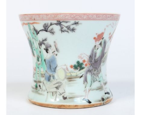 A 19th century Chinese bitong of waisted cylindrical form. Painted in famille vert enamels with Mandarin figures in a continu