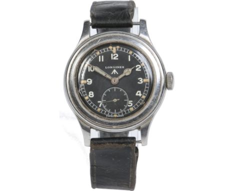 A World War II "dirty dozen" British military issue Longines manual wristwatch in stainless steel case. The black dial with n