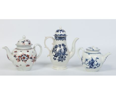 A Worcester teapot decorated in underglaze blue with the Mansfield pattern, a Liverpool teapot painted in the Imari pattern a