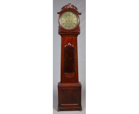 A William IV mahogany drum head longcase clock. With circular brass dial, subsidiary seconds and date display, housing on eig