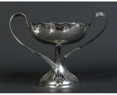 A WMF silver plated Art Nouveau twin handled pedestal centrepiece with pierced decoration. Punch marks, 23cm. Condition Repor