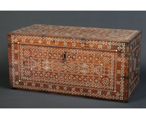 A 19th century Anglo Indian hardwood travel trunk profusely inlaid with mother of pearl, 69cm wide.  Condition Report. To be 