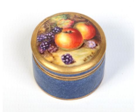 A miniature Royal Worcester circular box and cover. Powder blue ground and painted with apples and black berries. Signed W. D