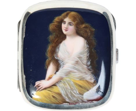 An Edwardian imported silver cigarette case. Finely enamelled with a pre Raphaelite style portrait of a seated young maiden. 