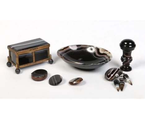 A collection of 19th century banded agate items. Including a gilt metal mounted small casket, a footed ovoid bowl, small snuf