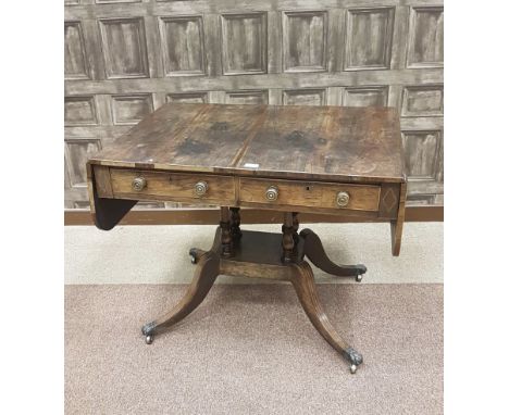 REGENCY ROSEWOOD SOFA TABLE the top with two rounded end drop leaves, outlined with boxwood stringing, two frieze drawers, wi