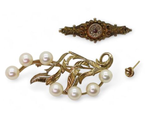 A 9ct gold pearl brooch, length 5.8cm, a further 9ct gold rose cut diamond and red gem brooch, length 4.1cm, together with a 
