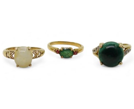 A 9ct gold malachite ring, size N1/2, a GemsTV emerald and red gem ring, size N1/2, and a 9ct gold hardstone ring, size O, we