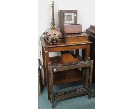 A lot comprising oak three tier table, three oak trays, brass table lamp, mantle clock, three assorted boxes etc&nbsp; Condit