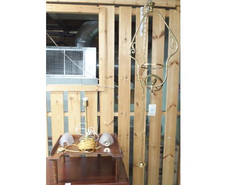 A lot comprising a 19th century brass oil lamp mantle (converted to electric), pair of opaque glass shell shaped wall shades,