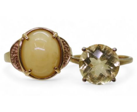 A 9ct gold GemsTV yellow jade ring, size O, weight 5.9gms together with a gold plated silver citrine ring, size P1/2 Conditio