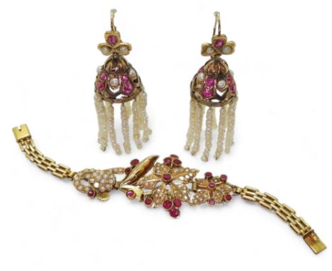 A bright yellow metal Indian bracelet set with pearls and synthetic ruby gems, together with a pair of matching bell shaped e