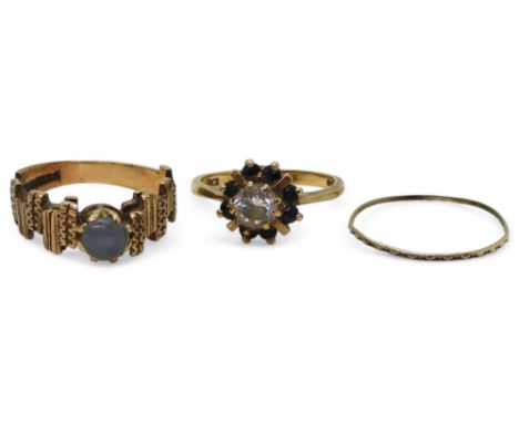 A 9ct gold opal triplet ring, size N1/2, a 9ct gold sapphire and cz cluster ring and a very thin yellow metal ring, size S1/2