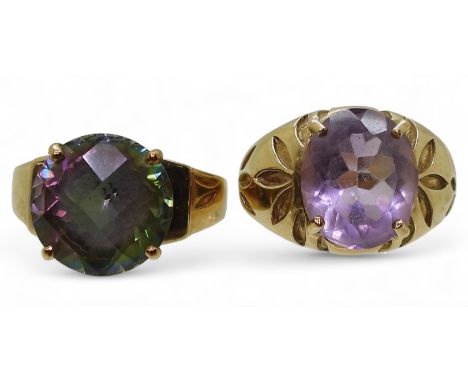 A 9ct gold mystic topaz ring, size O, and a 9ct amethyst ring, size O, weight together 10.5gms Condition Report:Available upo