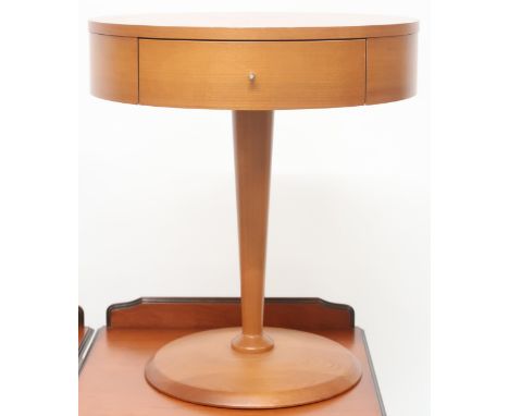 A contemporary cherry wood Calligaris single drawer lamp table on circular base with tapering cylindrical support, 56cm high 