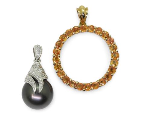 A 9ct gold rondel pendant set with orange sapphires, diameter 2.3cm, together with a 9ct white gold black pearl and diamond p