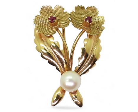 An 18ct gold ruby and pearl brooch, length 3.5cm, weight 5.3gms Condition Report:Available upon request