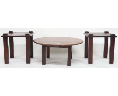 A 20th century circular topped coffee table and a pair of contemporary hardwood lamp tables (3) Condition Report:Available up