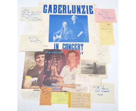 A collection of autographs, to include a poster signed by members of the Scottish folk group Gaberlunzie; a ticket signed by 