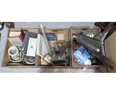 A collection of chemist accessories including pestle and mortars, microscope slides, pill making equipment, balance scales et