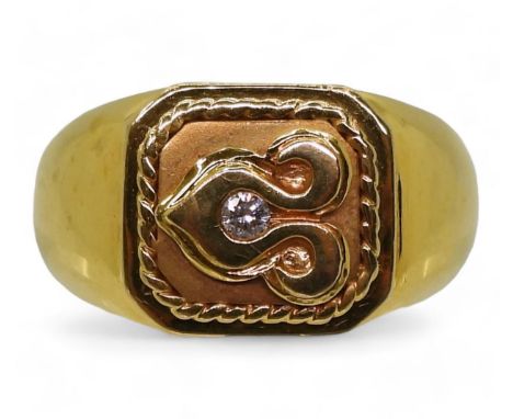 A bright yellow metal ring stamped 18k set with a 0.07ct diamond , size Q, weight 12.1gms Condition Report:Available upon req