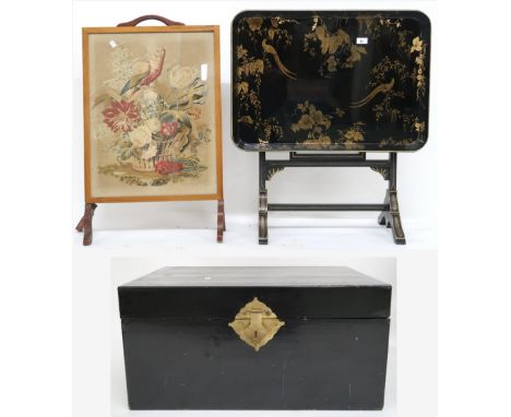 A lot comprising tapestry fire screen, 81cm high x 50cm wide x 22cm deep, black lacquered metamorphic table/fire screen, 81cm